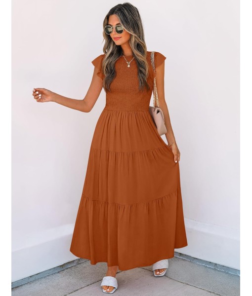 ZESICA Women's 2025 Summer Casual Flutter Short Sleeve Crew Neck Smocked Elastic Waist Tiered Midi Dress