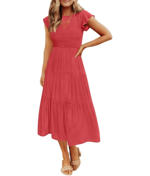 ZESICA Women's 2025 Summer Casual Flutter Short Sleeve Crew Neck Smocked Elastic Waist Tiered Midi Dress
