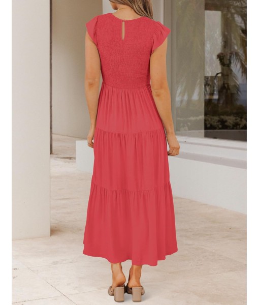 ZESICA Women's 2025 Summer Casual Flutter Short Sleeve Crew Neck Smocked Elastic Waist Tiered Midi Dress