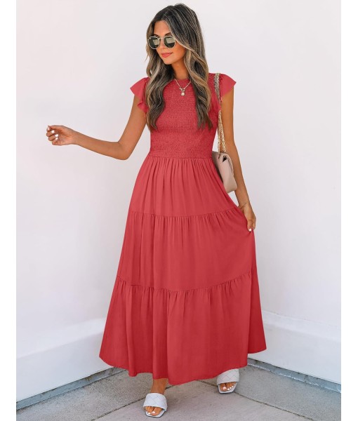 ZESICA Women's 2025 Summer Casual Flutter Short Sleeve Crew Neck Smocked Elastic Waist Tiered Midi Dress