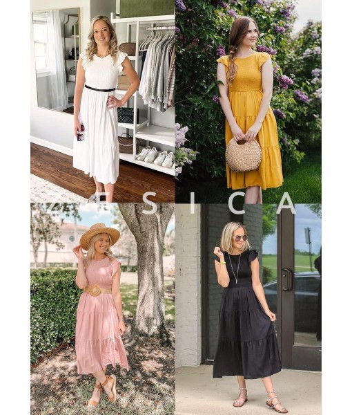 ZESICA Women's 2025 Summer Casual Flutter Short Sleeve Crew Neck Smocked Elastic Waist Tiered Midi Dress