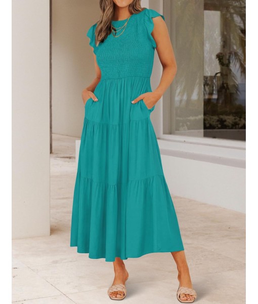 ZESICA Women's 2025 Summer Casual Flutter Short Sleeve Crew Neck Smocked Elastic Waist Tiered Midi Dress
