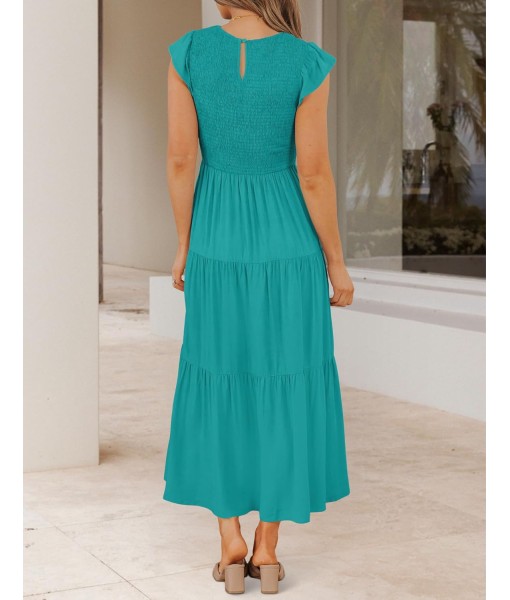 ZESICA Women's 2025 Summer Casual Flutter Short Sleeve Crew Neck Smocked Elastic Waist Tiered Midi Dress