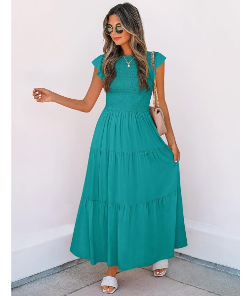 ZESICA Women's 2025 Summer Casual Flutter Short Sleeve Crew Neck Smocked Elastic Waist Tiered Midi Dress