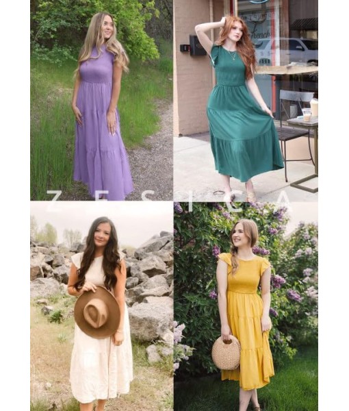 ZESICA Women's 2025 Summer Casual Flutter Short Sleeve Crew Neck Smocked Elastic Waist Tiered Midi Dress