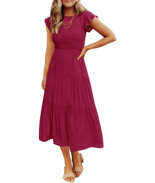ZESICA Women's 2025 Summer Casual Flutter Short Sleeve Crew Neck Smocked Elastic Waist Tiered Midi Dress
