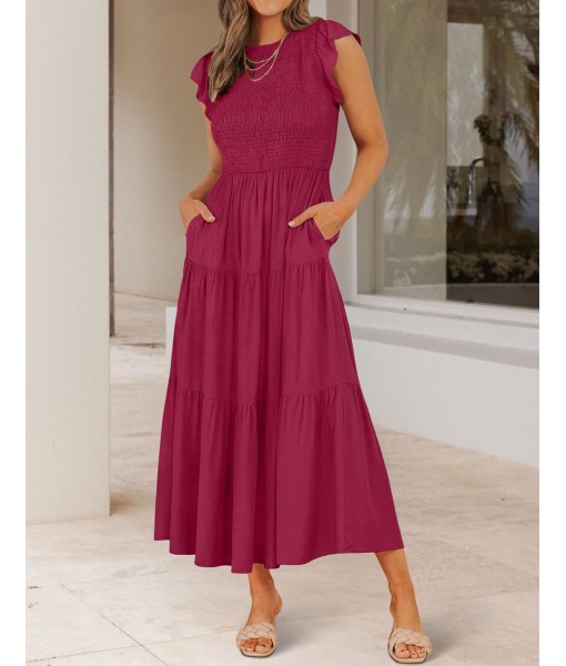 ZESICA Women's 2025 Summer Casual Flutter Short Sleeve Crew Neck Smocked Elastic Waist Tiered Midi Dress