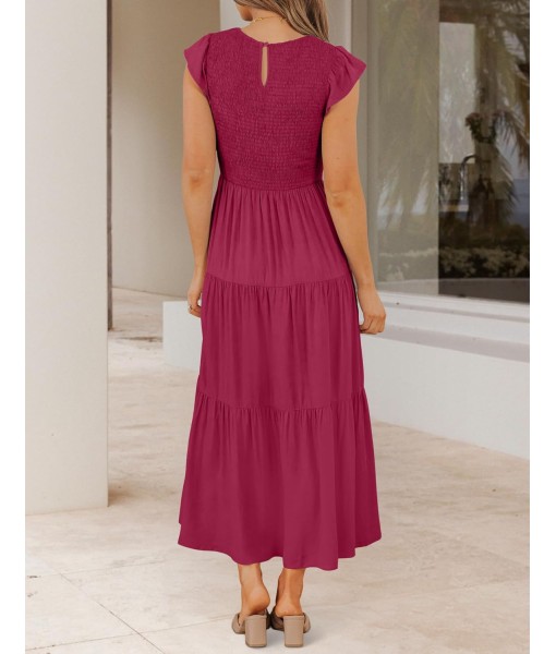 ZESICA Women's 2025 Summer Casual Flutter Short Sleeve Crew Neck Smocked Elastic Waist Tiered Midi Dress