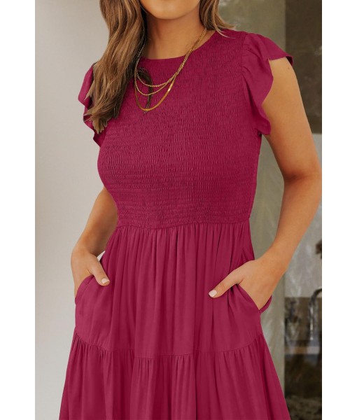 ZESICA Women's 2025 Summer Casual Flutter Short Sleeve Crew Neck Smocked Elastic Waist Tiered Midi Dress