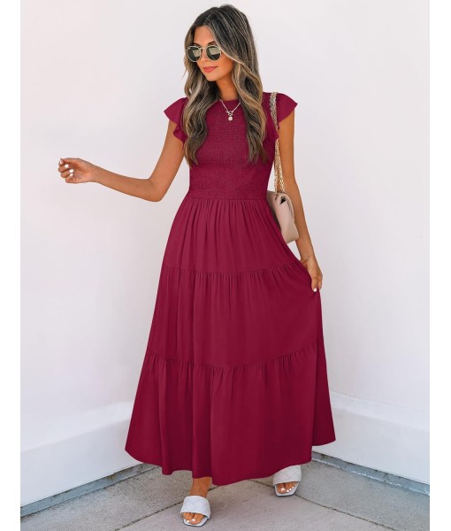ZESICA Women's 2025 Summer Casual Flutter Short Sleeve Crew Neck Smocked Elastic Waist Tiered Midi Dress