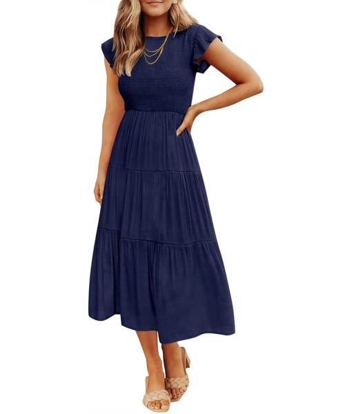 ZESICA Women's 2025 Summer Casual Flutter Short Sleeve Crew Neck Smocked Elastic Waist Tiered Midi Dress