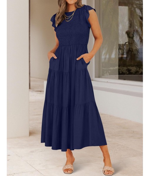 ZESICA Women's 2025 Summer Casual Flutter Short Sleeve Crew Neck Smocked Elastic Waist Tiered Midi Dress