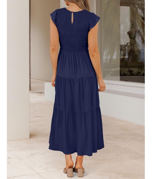 ZESICA Women's 2025 Summer Casual Flutter Short Sleeve Crew Neck Smocked Elastic Waist Tiered Midi Dress