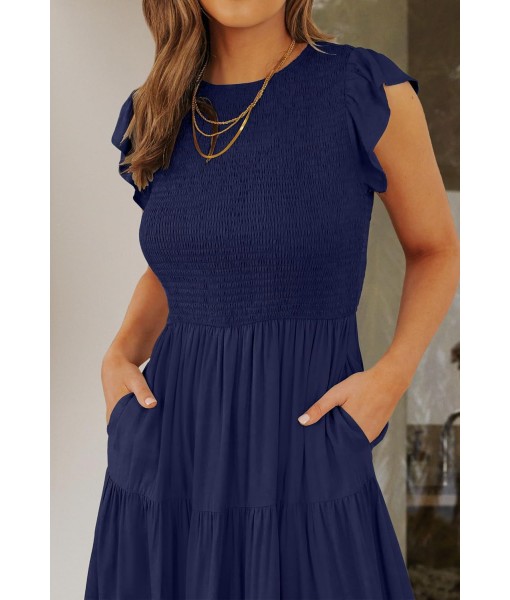 ZESICA Women's 2025 Summer Casual Flutter Short Sleeve Crew Neck Smocked Elastic Waist Tiered Midi Dress