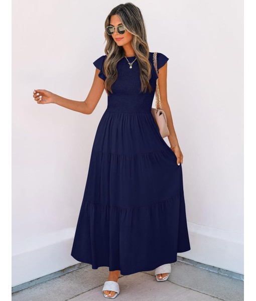 ZESICA Women's 2025 Summer Casual Flutter Short Sleeve Crew Neck Smocked Elastic Waist Tiered Midi Dress