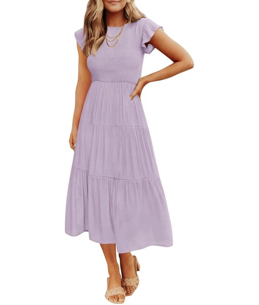 ZESICA Women's 2025 Summer Casual Flutter Short Sleeve Crew Neck Smocked Elastic Waist Tiered Midi Dress