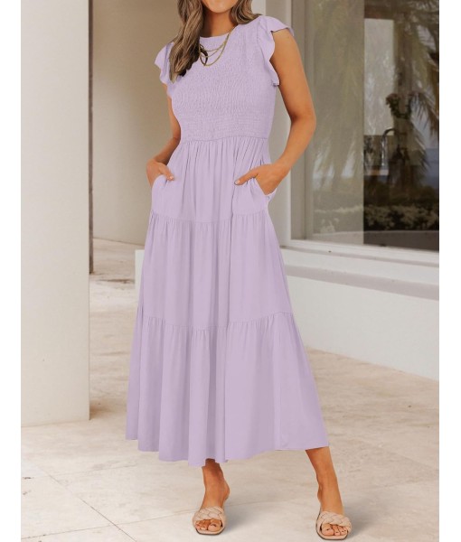 ZESICA Women's 2025 Summer Casual Flutter Short Sleeve Crew Neck Smocked Elastic Waist Tiered Midi Dress