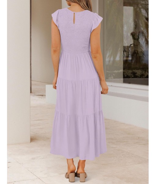 ZESICA Women's 2025 Summer Casual Flutter Short Sleeve Crew Neck Smocked Elastic Waist Tiered Midi Dress