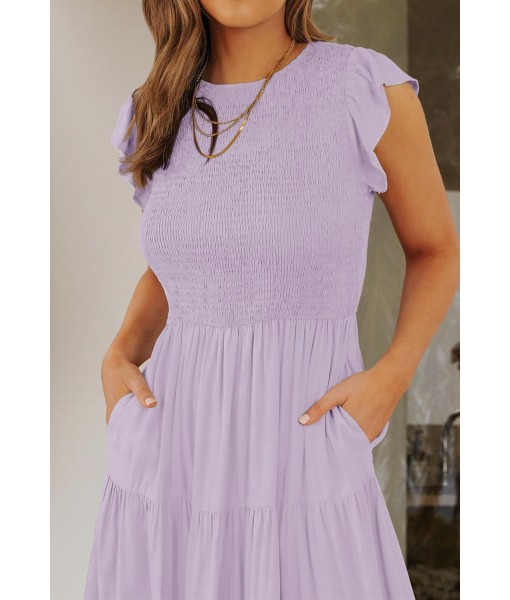 ZESICA Women's 2025 Summer Casual Flutter Short Sleeve Crew Neck Smocked Elastic Waist Tiered Midi Dress