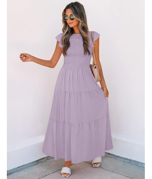 ZESICA Women's 2025 Summer Casual Flutter Short Sleeve Crew Neck Smocked Elastic Waist Tiered Midi Dress