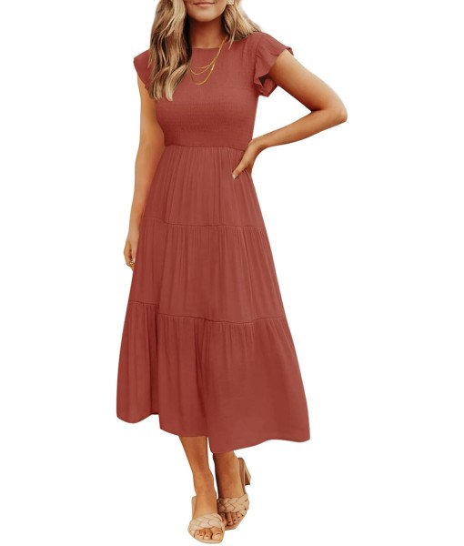 ZESICA Women's 2025 Summer Casual Flutter Short Sleeve Crew Neck Smocked Elastic Waist Tiered Midi Dress