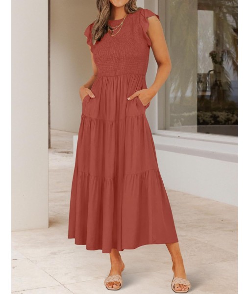ZESICA Women's 2025 Summer Casual Flutter Short Sleeve Crew Neck Smocked Elastic Waist Tiered Midi Dress