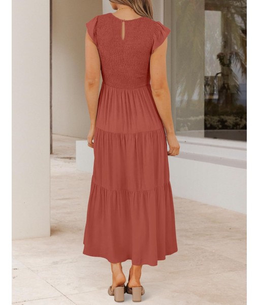 ZESICA Women's 2025 Summer Casual Flutter Short Sleeve Crew Neck Smocked Elastic Waist Tiered Midi Dress