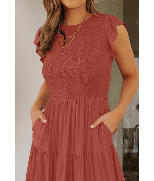 ZESICA Women's 2025 Summer Casual Flutter Short Sleeve Crew Neck Smocked Elastic Waist Tiered Midi Dress