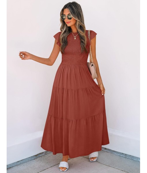 ZESICA Women's 2025 Summer Casual Flutter Short Sleeve Crew Neck Smocked Elastic Waist Tiered Midi Dress