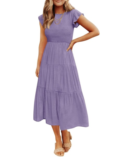ZESICA Women's 2025 Summer Casual Flutter Short Sleeve Crew Neck Smocked Elastic Waist Tiered Midi Dress