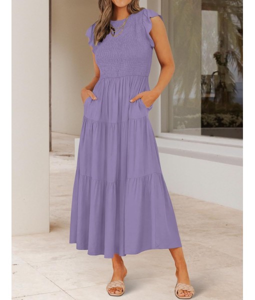 ZESICA Women's 2025 Summer Casual Flutter Short Sleeve Crew Neck Smocked Elastic Waist Tiered Midi Dress