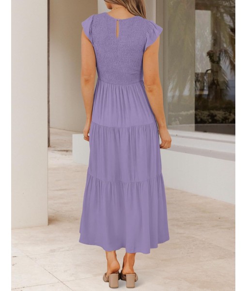 ZESICA Women's 2025 Summer Casual Flutter Short Sleeve Crew Neck Smocked Elastic Waist Tiered Midi Dress