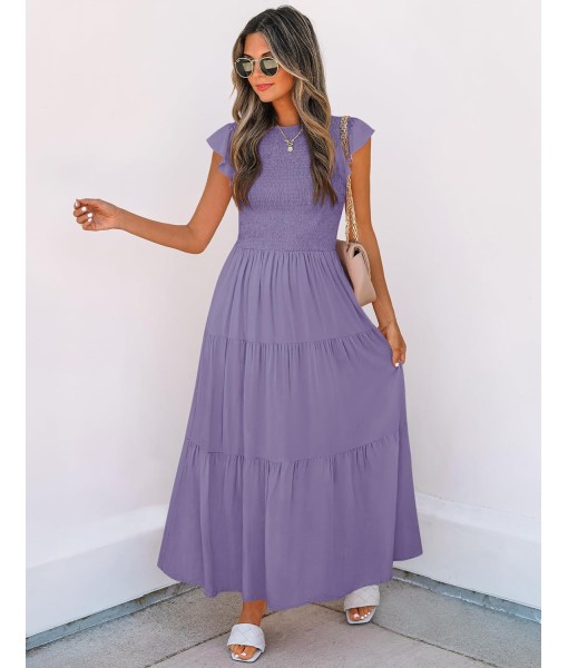 ZESICA Women's 2025 Summer Casual Flutter Short Sleeve Crew Neck Smocked Elastic Waist Tiered Midi Dress