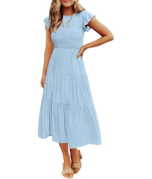 ZESICA Women's 2025 Summer Casual Flutter Short Sleeve Crew Neck Smocked Elastic Waist Tiered Midi Dress