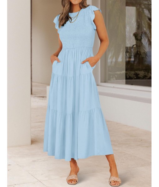 ZESICA Women's 2025 Summer Casual Flutter Short Sleeve Crew Neck Smocked Elastic Waist Tiered Midi Dress