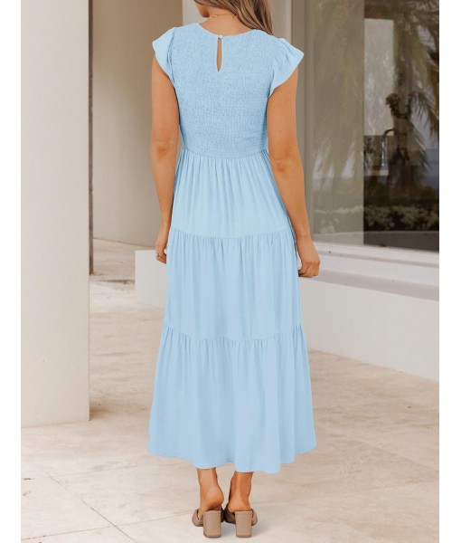 ZESICA Women's 2025 Summer Casual Flutter Short Sleeve Crew Neck Smocked Elastic Waist Tiered Midi Dress
