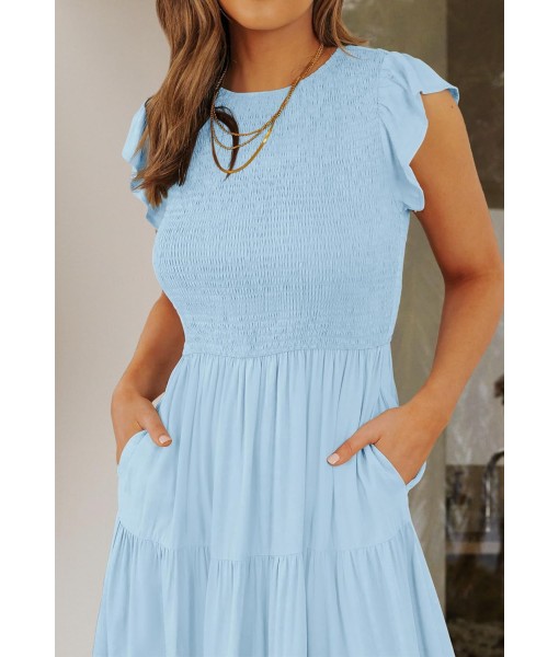 ZESICA Women's 2025 Summer Casual Flutter Short Sleeve Crew Neck Smocked Elastic Waist Tiered Midi Dress