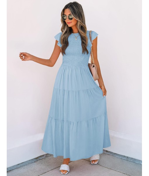 ZESICA Women's 2025 Summer Casual Flutter Short Sleeve Crew Neck Smocked Elastic Waist Tiered Midi Dress