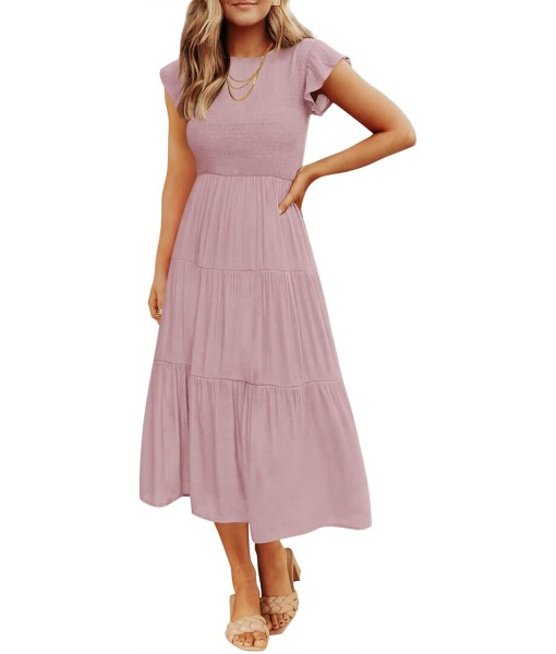 ZESICA Women's 2025 Summer Casual Flutter Short Sleeve Crew Neck Smocked Elastic Waist Tiered Midi Dress