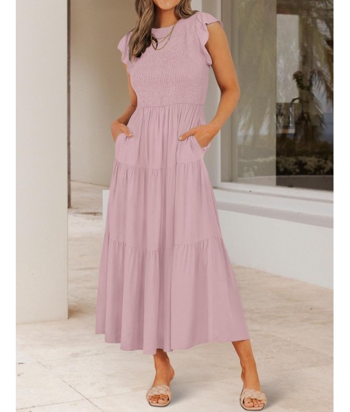 ZESICA Women's 2025 Summer Casual Flutter Short Sleeve Crew Neck Smocked Elastic Waist Tiered Midi Dress