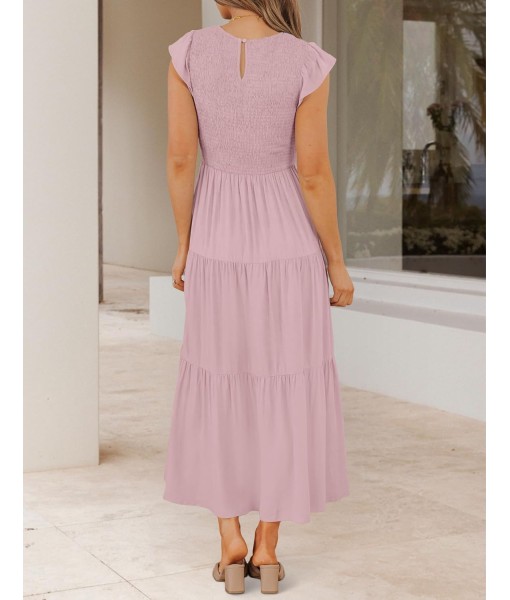 ZESICA Women's 2025 Summer Casual Flutter Short Sleeve Crew Neck Smocked Elastic Waist Tiered Midi Dress