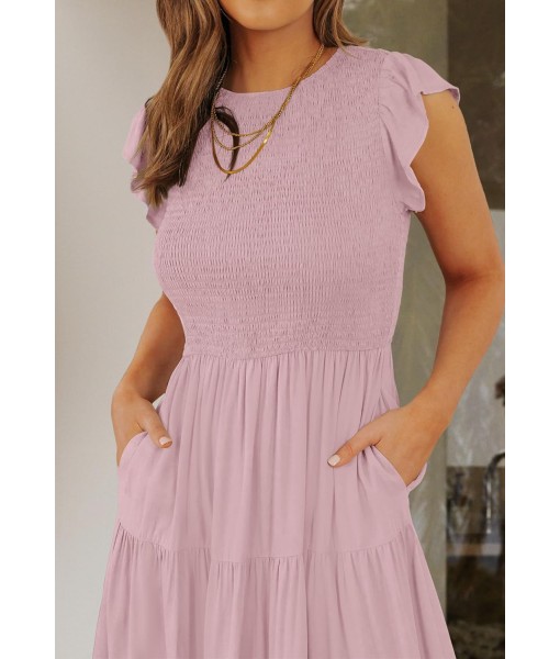 ZESICA Women's 2025 Summer Casual Flutter Short Sleeve Crew Neck Smocked Elastic Waist Tiered Midi Dress