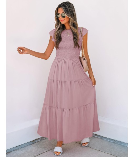 ZESICA Women's 2025 Summer Casual Flutter Short Sleeve Crew Neck Smocked Elastic Waist Tiered Midi Dress