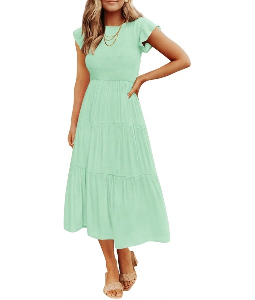 ZESICA Women's 2025 Summer Casual Flutter Short Sleeve Crew Neck Smocked Elastic Waist Tiered Midi Dress