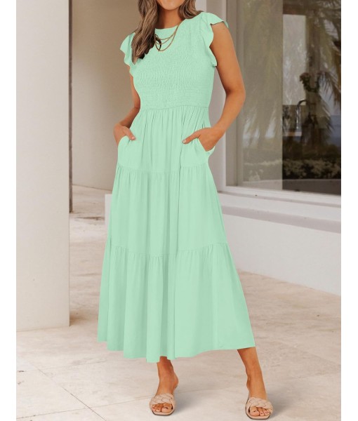 ZESICA Women's 2025 Summer Casual Flutter Short Sleeve Crew Neck Smocked Elastic Waist Tiered Midi Dress