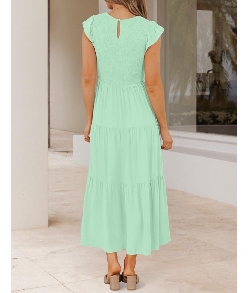 ZESICA Women's 2025 Summer Casual Flutter Short Sleeve Crew Neck Smocked Elastic Waist Tiered Midi Dress