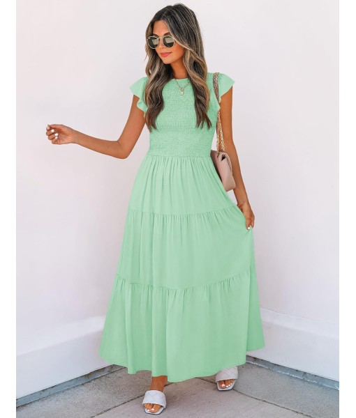 ZESICA Women's 2025 Summer Casual Flutter Short Sleeve Crew Neck Smocked Elastic Waist Tiered Midi Dress