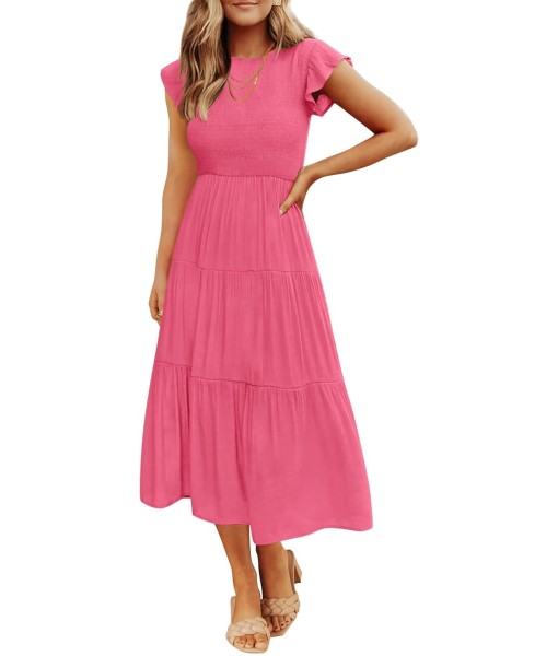 ZESICA Women's 2025 Summer Casual Flutter Short Sleeve Crew Neck Smocked Elastic Waist Tiered Midi Dress