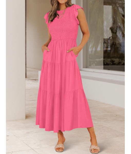 ZESICA Women's 2025 Summer Casual Flutter Short Sleeve Crew Neck Smocked Elastic Waist Tiered Midi Dress