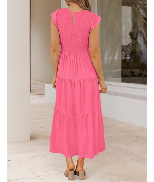 ZESICA Women's 2025 Summer Casual Flutter Short Sleeve Crew Neck Smocked Elastic Waist Tiered Midi Dress